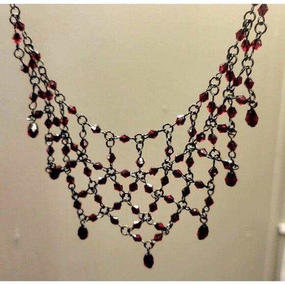 Gothic Victorian Beaded Bib Necklace Cascading Glass Ruby Colored Facets - Picture 5 of 5